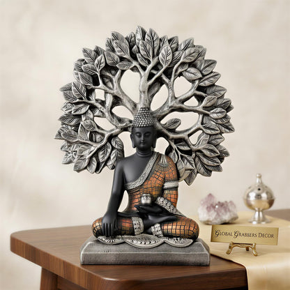 Global Grabbers Buddha Statue Showpiece Idol Home Decor Decoration Items for Living Room and Gifts (Silver Black Copper)