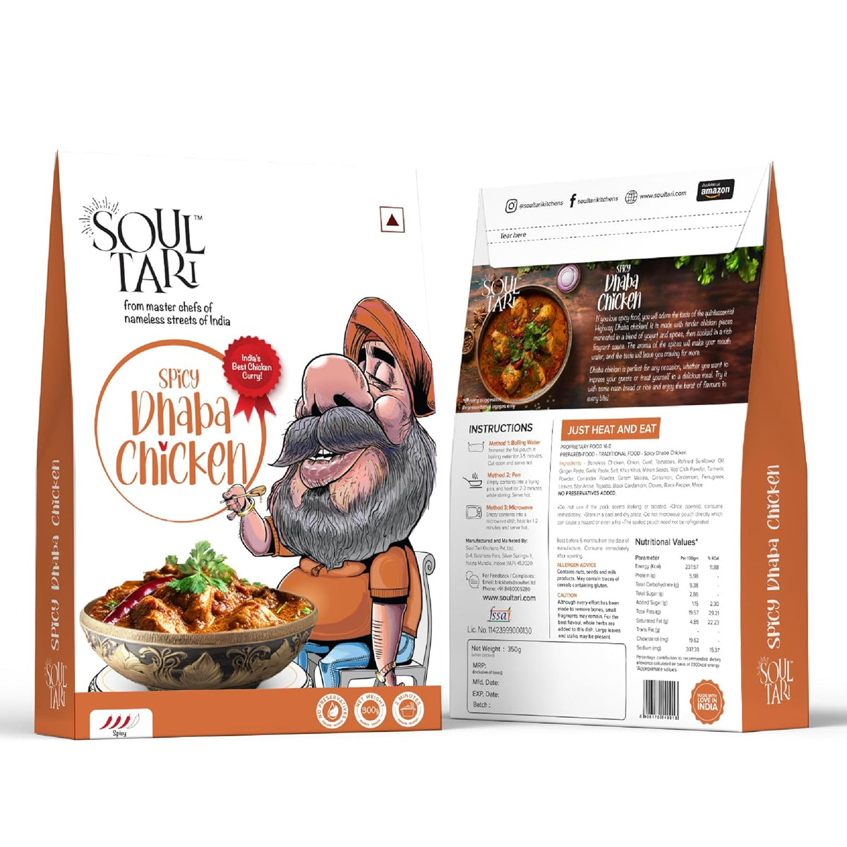 Soultari Ready To Eat Spicy Dhaba Chicken | Succulent Chunks of chicken In A Spicy Dhaba Style Curry Bursting With Flavour | Sufficent For Two | Just Heat And Eat | 300 Gram | Pack Of 1