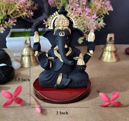 Handcrafted Poly Resin Ganesha Statue with Base - Perfect for Car Dashboard, Office Desk, Shelves, and Home Decor - Ideal Housewarming Gift! (4HandBlackTerracottaMDF)