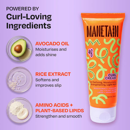 MANETAIN Curl Cream 200ml for Curly & Wavy Hair | Frizz Control, Soft Hold & Moisturizing Styling Cream | Enhances Natural Curls, Reduces Frizz | Sulfate-Free, Paraben-Free, Vegan Hair Care