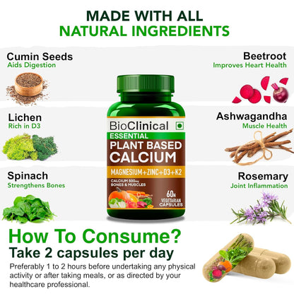 BioClinical 500mg Plant Calcium Magnesium Zinc Vitamin D3 + K2 for Joint Support & Bone Health -100% Plant Based Supplement -Made with Natural Ayurvedic Herbs & Plant Extracts - 60 Veg Capsules