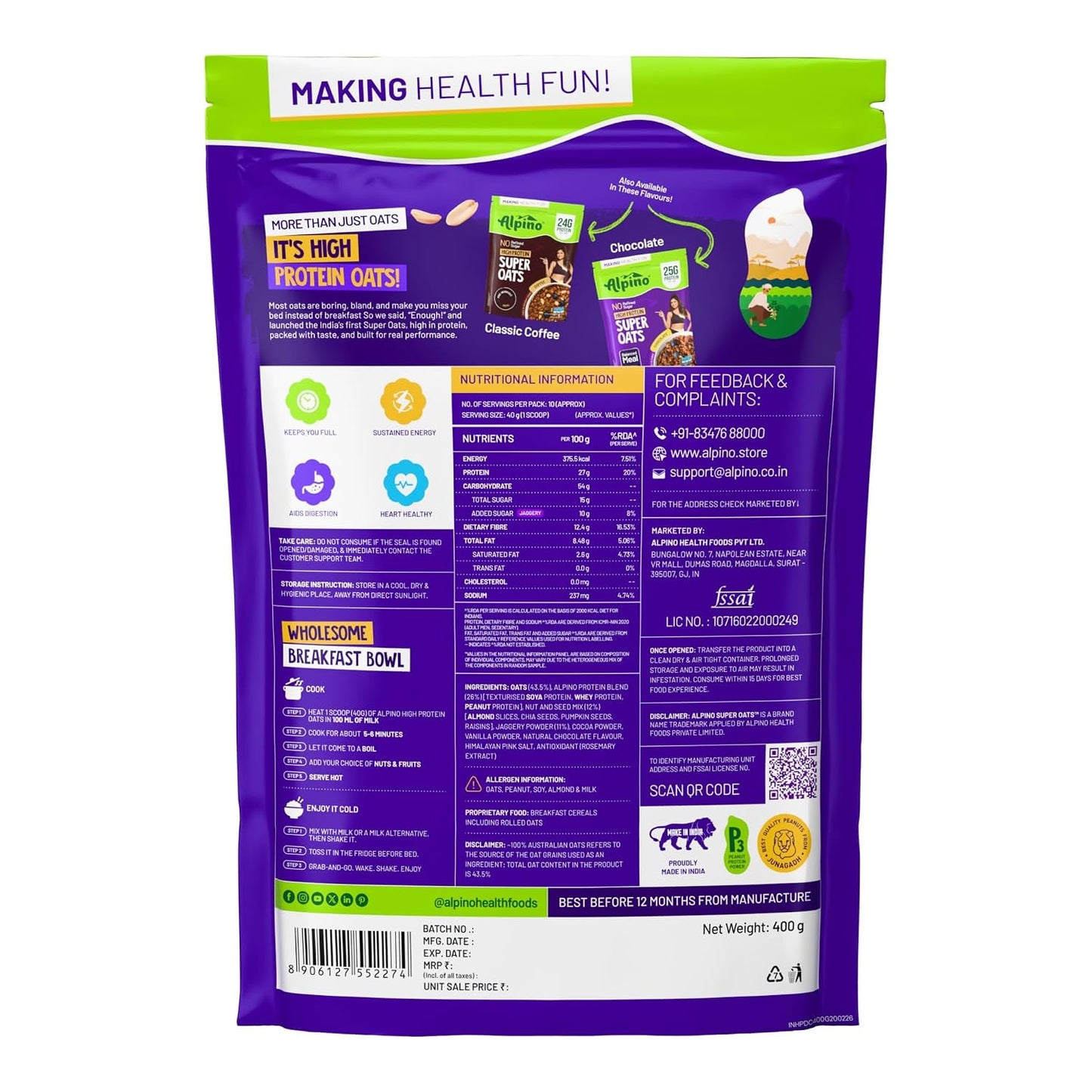 ALPINO 27g High Protein Oats Dark Chocolate- Rolled Oats, Protein Blend, Jaggery Powder, Cocoa Powder, Nuts & Seeds - Source of Dietary Fibre & Healthy Fats, No Refined Sugar & Salt