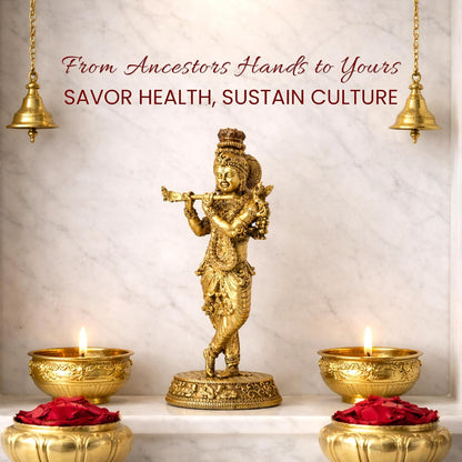 Handcrafted Brass Krishna Murti | Divine Flute-Playing Lord Krishna Idol for Home Temple & Spiritual Decor (Design03: L6 x W4 x H13 cm)