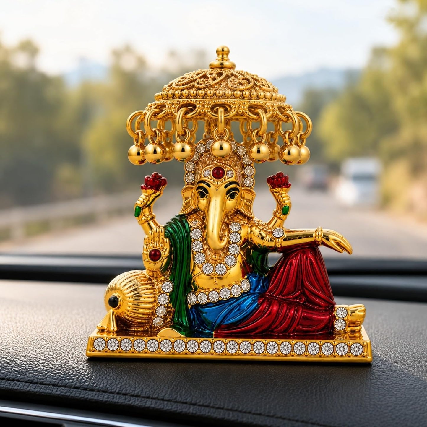 Yaa Catchy Mini Ganesh Idol for Car Dashboard | Small Ganesha Idol for Home, Office Desk & Pooja | Ganpati Murti with Premium Gold & Stone Work |5.5 cm (Mini Maharaja Ganesha)