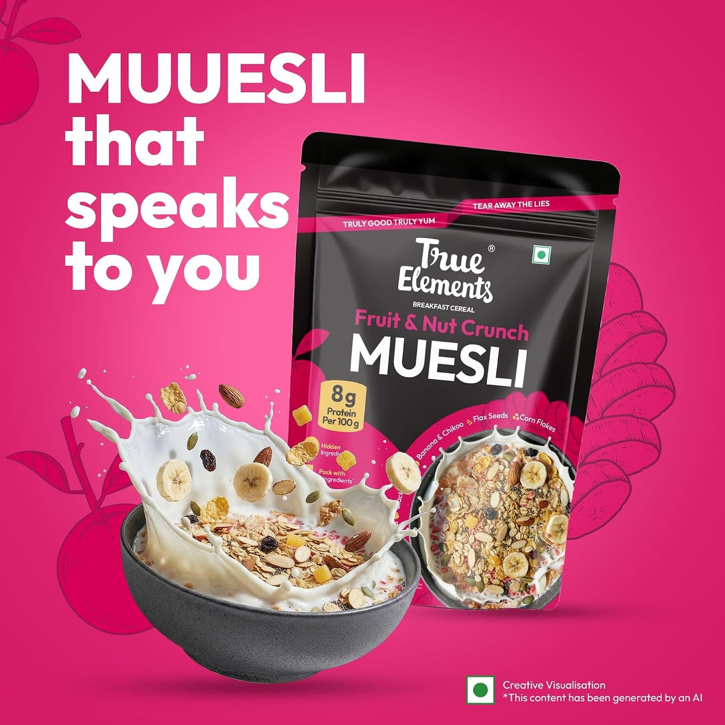 True Elements Fruit & Nut Crunch Muesli 700g | Fruit and Nuts | Cereals for Breakfast | Rich in Fibre | Muesli with Oats and Nuts