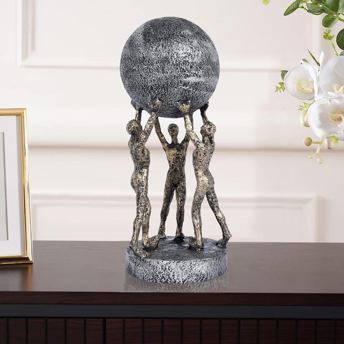 Men Group Carrying Earth Showpiece for Home Decorative Item, Home Shelf Decorative Figurines (Golden)