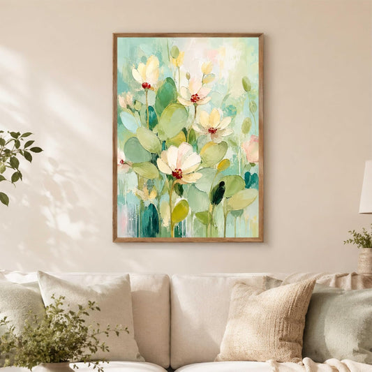 Pastel Floral Wall Painting for Living Room Bedroom Hall Office Decor, Soft Flower Artwork with Sparkle Laminate and Premium Wooden Synthetic Frame (13.5 x 19.5 Inch) NM01-4110