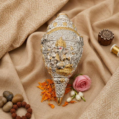 Vinayaka Fab 999 Pure Silver Plated & 24K Gold Plated Ganesh Shankh with Velvet Box - Sacred Vastu Conch Shell Idol for Home Temple, Office & Auspicious Gift (Silver and Gold, 5.5 Inch)