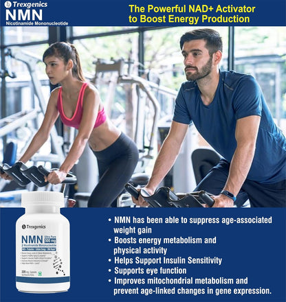 Two people exercising on bikes with a bottle of NMN supplement in the foreground, set against a gym background.
