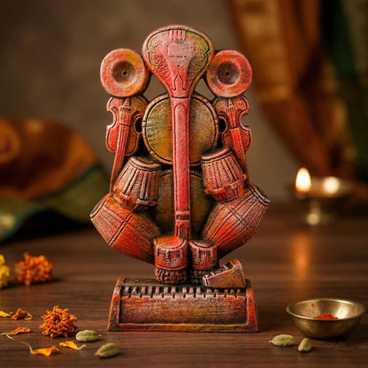 Ganesha Idol for Home Decor | Handmade Terracotta Ganpati Statue with Musical Instruments | Ganesh Murti for Office, Living Room & Gift | Krishnanagar Clay Art