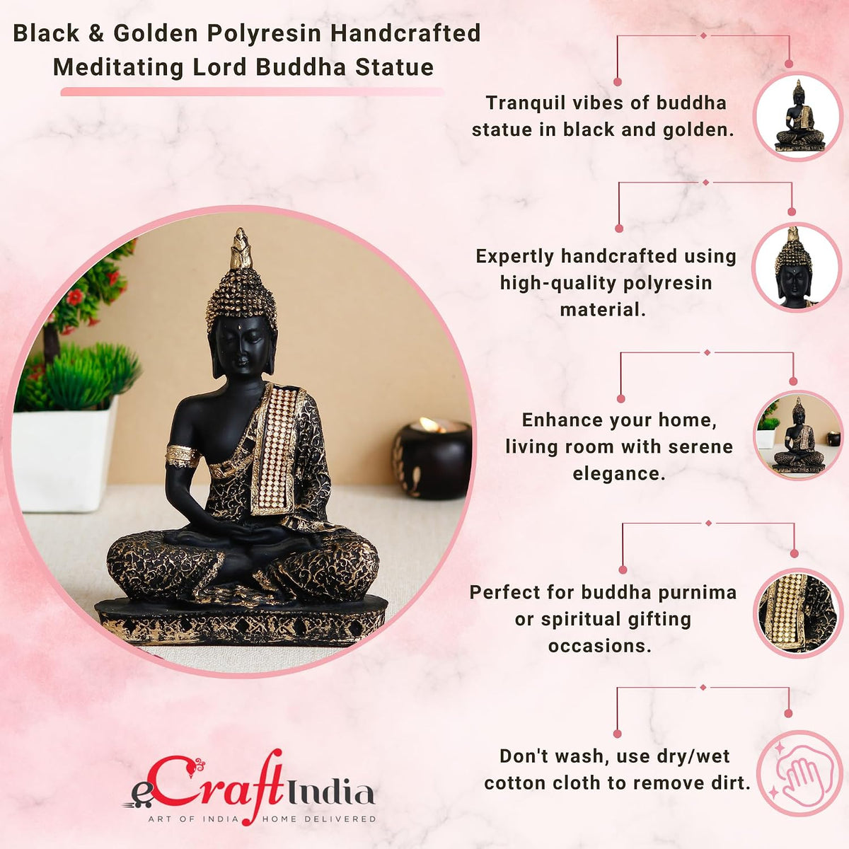 eCraftIndia Golden Black Resin Handcrafted Meditating Lord Buddha Idol for Home Decor | Gautam Buddha Statue for Living Room Office Meditation Yoga Spaces| Gift for Diwali Buddha Purnima Housewarming