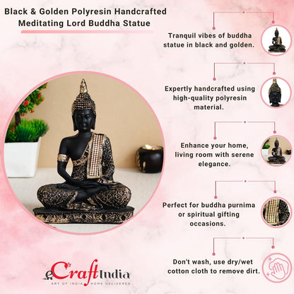 eCraftIndia Golden Black Resin Handcrafted Meditating Lord Buddha Idol for Home Decor | Gautam Buddha Statue for Living Room Office Meditation Yoga Spaces| Gift for Diwali Buddha Purnima Housewarming