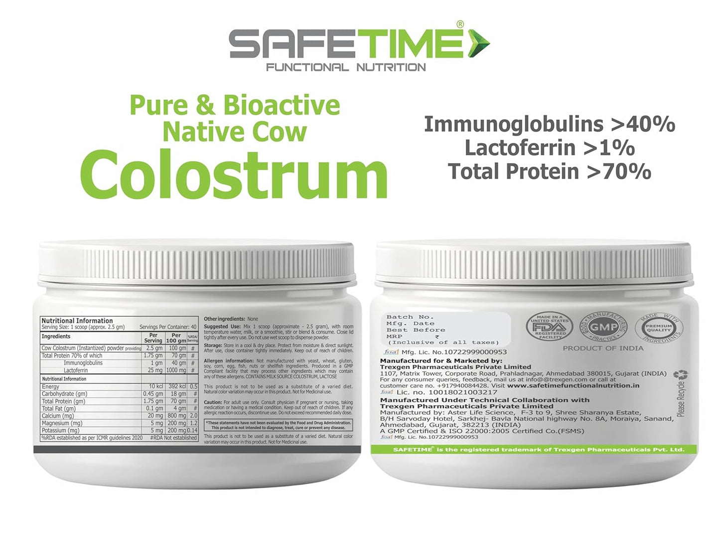 Two containers of SafeTime Functional Nutrition Pure & Bioactive Native Cow Colostrum on a white background.