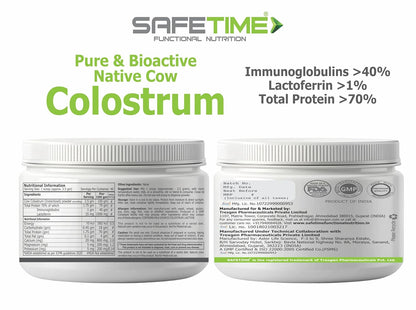 Two containers of SafeTime Functional Nutrition Pure & Bioactive Native Cow Colostrum on a white background.