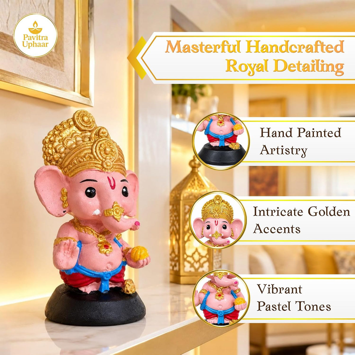Cute Bal Ganesha Idol for Car Dashboard, 10 cm Baby Ganpati Resin Statue, Hand Painted Ganesh Murti for Home Mandir, Office Desk & Gifting