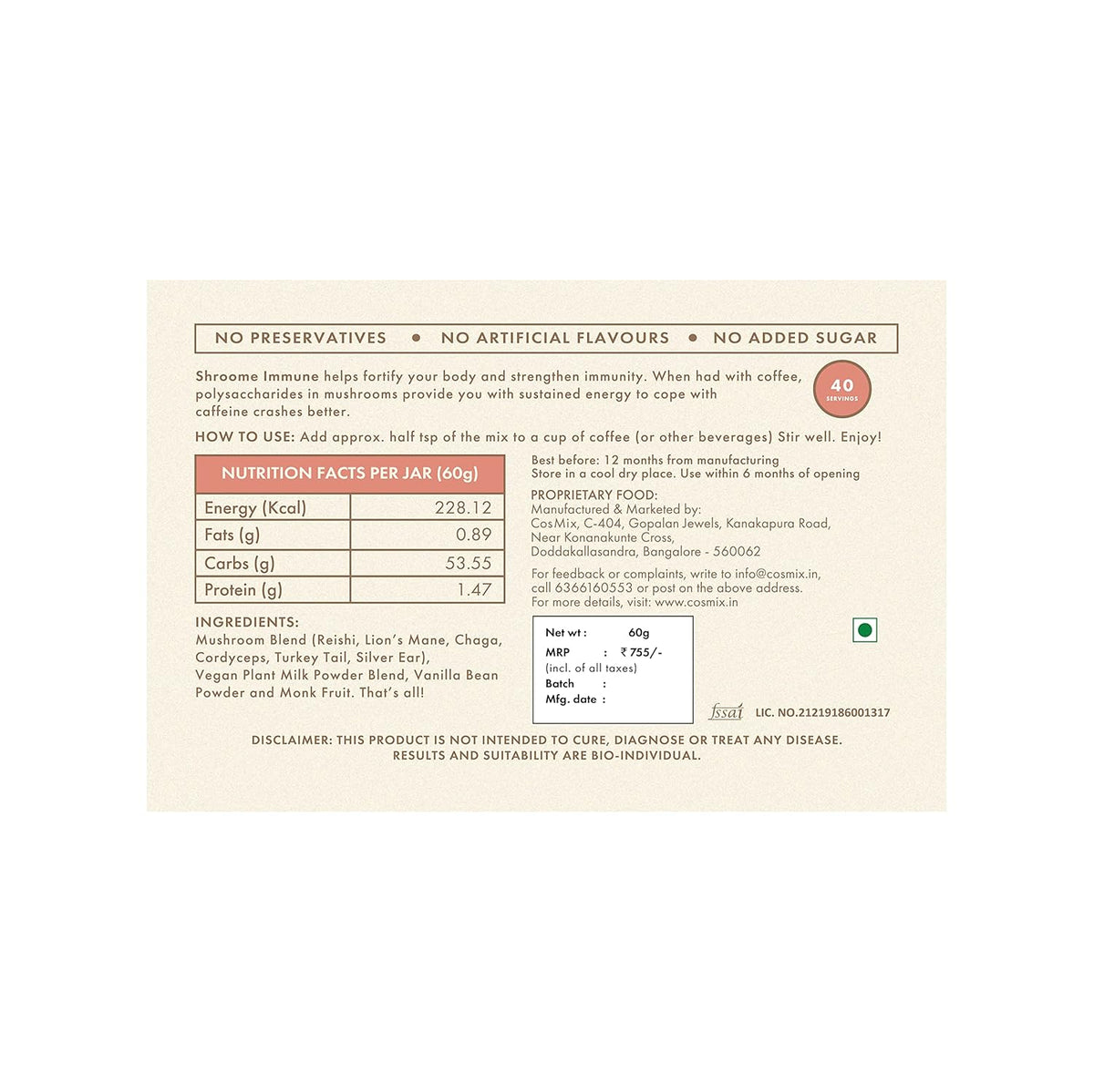 Nutrition facts label on a product packaging with text and icons.