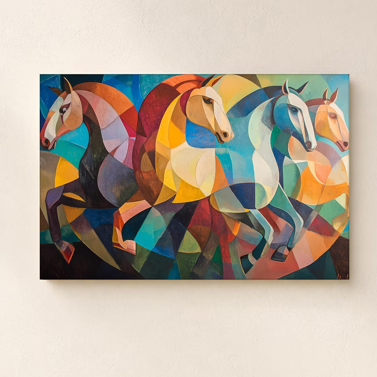 Landscape Abstract Wall Art Four Running Horses Vastu Multicolor | Digital Painting on Canvas Stretched on Wood | Perfect for Living Room, Bedroom, Office (22x34 Inch)