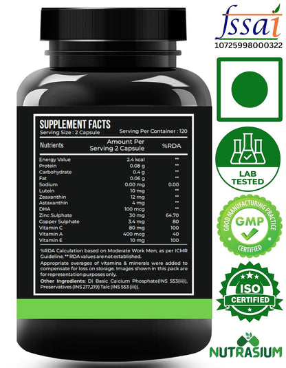 Nutrasium Eye Care | Lutein, Zeaxanthin Astaxanthin Eye Supplement | Supports Healthy Vision, Helps Reduce Digital Eye Strain & Fatigue from High Screen Time for Men, Women & Students (120-Capsules)