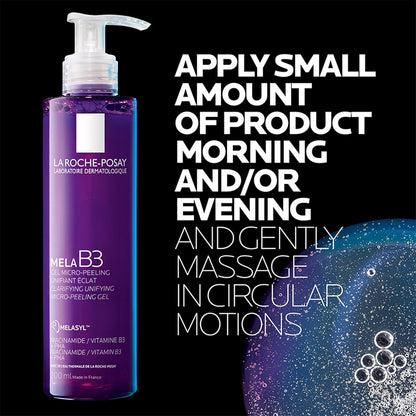 La Roche-Posay Mela B3 gel micro-peeling bottle with application instructions on a black background