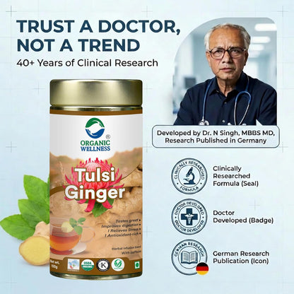 Organic Wellness Tulsi Ginger Herbal Tea 100g Tin | Natural Antioxidant Rich Blend | Supports Digestion | Relieves Stress | Boosts Metabolism | Enhances Immunity | Soothing Refreshing Daily Beverage