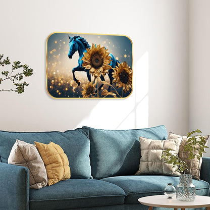 Running horse modern art Premium Sparkle Lamination Finished Surface Golden Slim Frame 35 cm x 28 cm Large Size, For Home/Office/Hotel painting KG48
