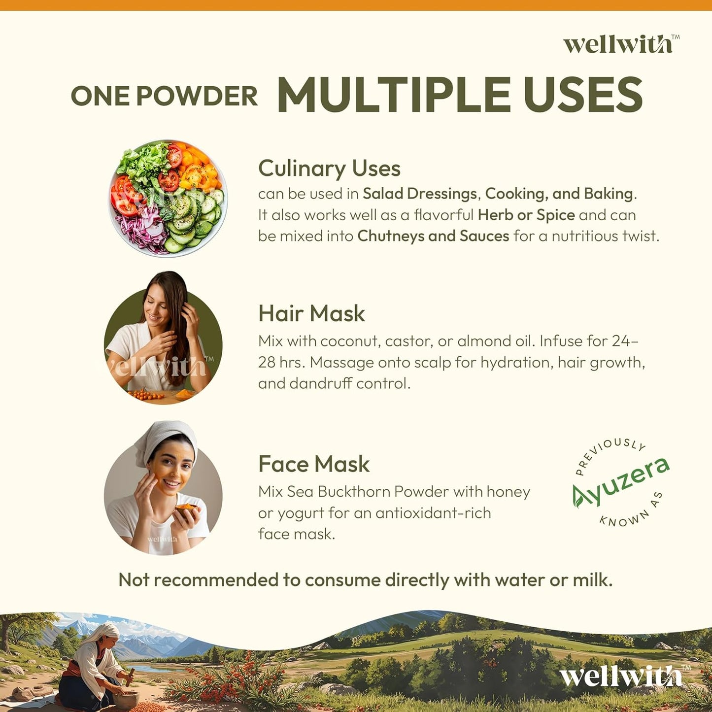 Wellwith Himalayan Sea Buckthorn Dry Berry Kkin Powder, 100g | Rich in Omega 3, 6, 7, 9 | Collagen, Fiber, Omegas, Vitamin C, Vitamin E | Dry Sea Buckthorn Berry Powder (100, Grams)