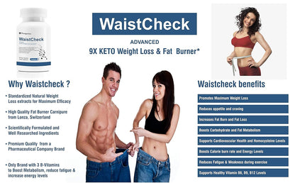 Advertisement for WaistCheck 9X KETO Weight Loss & Fat Burner with images of a man and woman showing their waists.