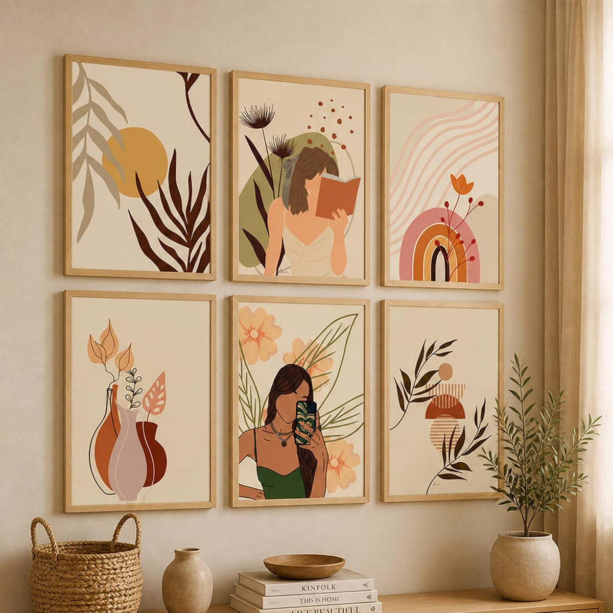 Boho Portrait & Abstract Framed Painting Wall Art Set of 6 | Modern Feminine, Botanical & Rainbow Prints | Soft Neutral Tones | Engineered wood Frame Wall Décor, (Size: A3)