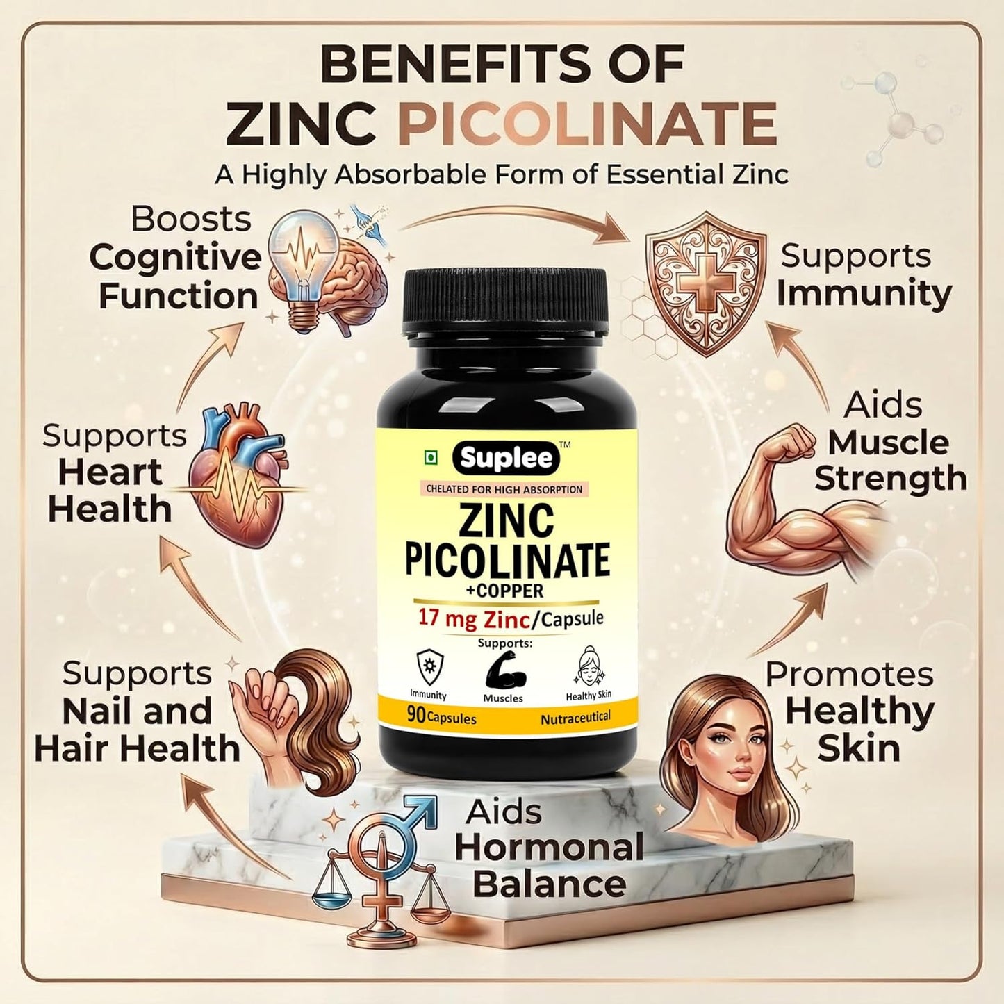 Suplee Zinc Picolinate with Copper Gluconate | High Absorption Zinc Supplement | Immunity, Skin Health & Muscle Support | 90 Veg Capsules