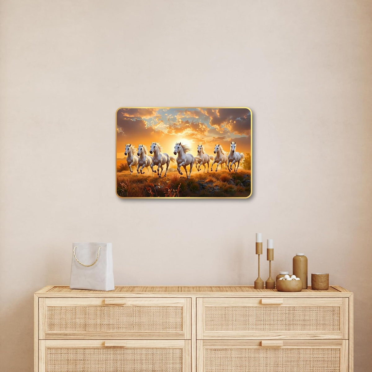 7 Running Horses MDF Wall Art 12x18 Inch | Golden Border Vastu Painting for Home & Office Décor | Modern Elegant Wall Hanging Frame for Living Room, Bedroom (Design 1)