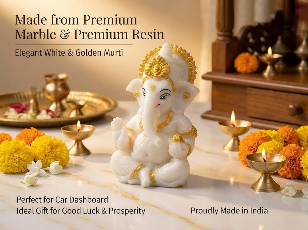 Polyresin and Marble Ganesh Ji Idol Murti for Pooja Room & Car Dashboard (White, Aashirwad Mudra)