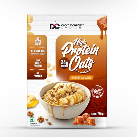 DC DOCTORS CHOICE High Protein Oats Banana Caramel Flavour 750g | 24g Protein | Made with Real Bananas | No Refined Sugar | Healthy Instant Oatmeal Breakfast | High Fiber Oats Box