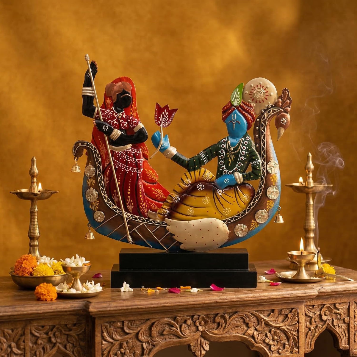 Radha Krishna Boat Showpiece for Home Decor | Iron Metal Decorative Idol with Wooden Base | 15 Inch Spiritual Statue for Living Room, Bedroom, Temple & Gifting