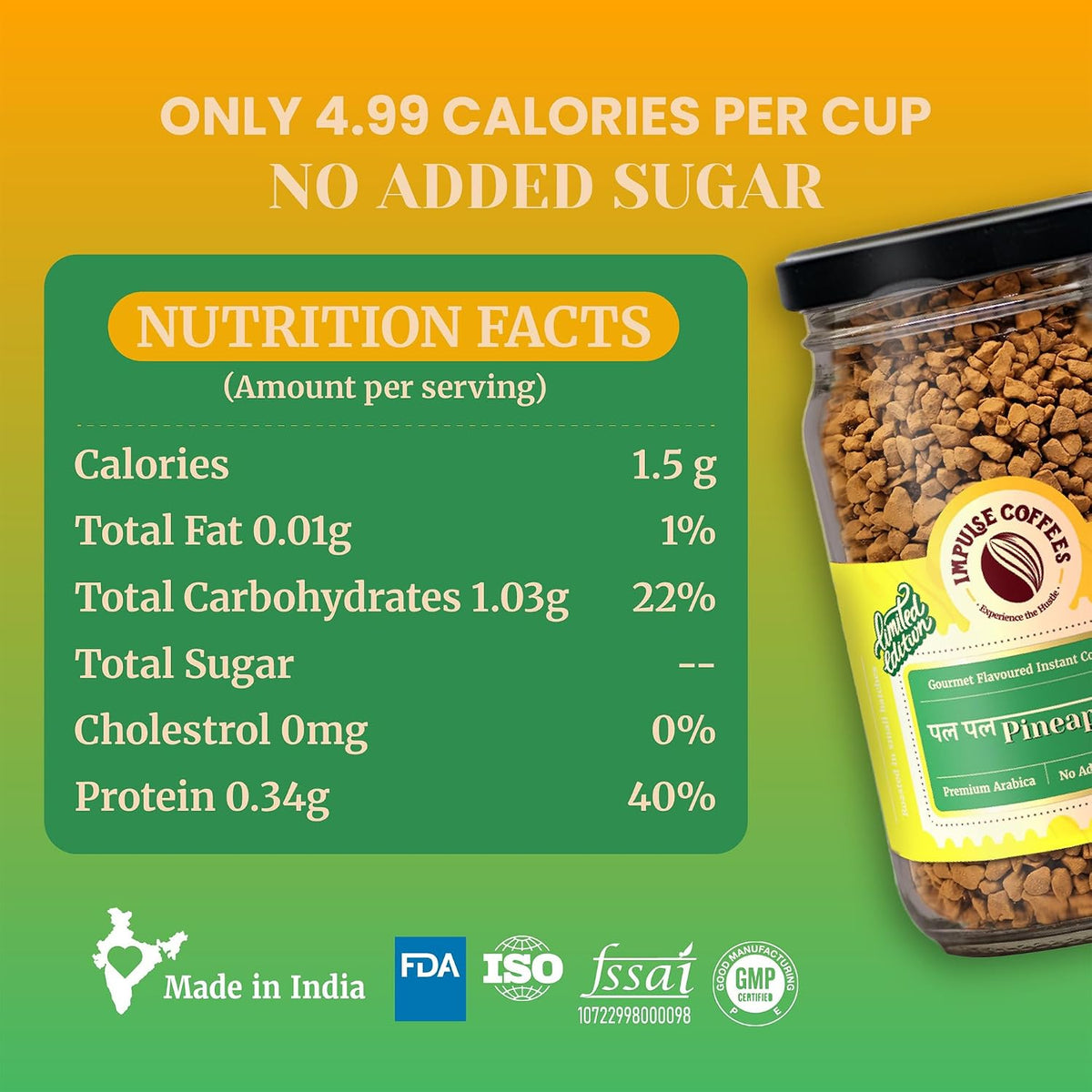 Impulse Coffees Pal Pal Pineapple Instant Coffee Powder|Fruity,Sweet Aroma Flavoured Coffee|Dark Roasted Arabica Coffee Powder|Tropical & Fruity Instant Coffee Premix|Ideal Hot & Cold Coffee Mix|50 Gm