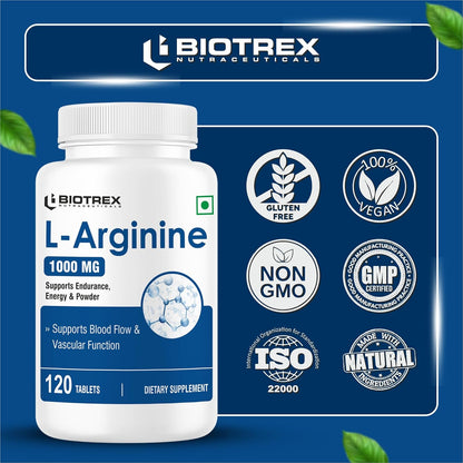 Biotrex Nutraceuticals L-Arginine 1000mg Supplement | Nitric Oxide Booster & Muscle Growth | Blood Flow & Heart Health | Pre Workout | Non-GMO | 120 Tablets