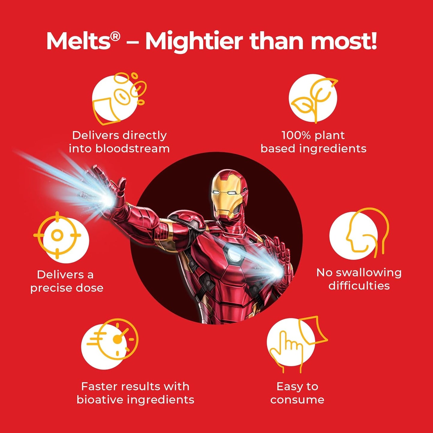 Wellbeing Nutrition Marvel Iron Man Melts | Vitamin B12, D3 & K2 for Kids (6+) | Supports Bone & Muscle Health, Cognitive Development & Energy, Heart Health | Exotic Mango Flavor (30 Oral Strips)