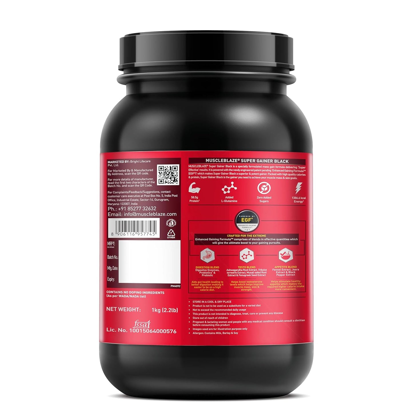 MuscleBlaze Super Gainer Black with Enhanced Gaining Formula™- Appetite, Digestion & Testo Blend for Muscle Mass Gain (Chocolate, 1 kg / 2.2 lb)