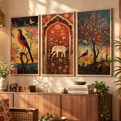Art Wall Painting Indian Traditional Madhubani Home Decoration With Frame For Living Room Bed Room Hotel Wall Decor Digital Reprint Engineered Wood Set of 3 (Art 3, 10x19 inch)