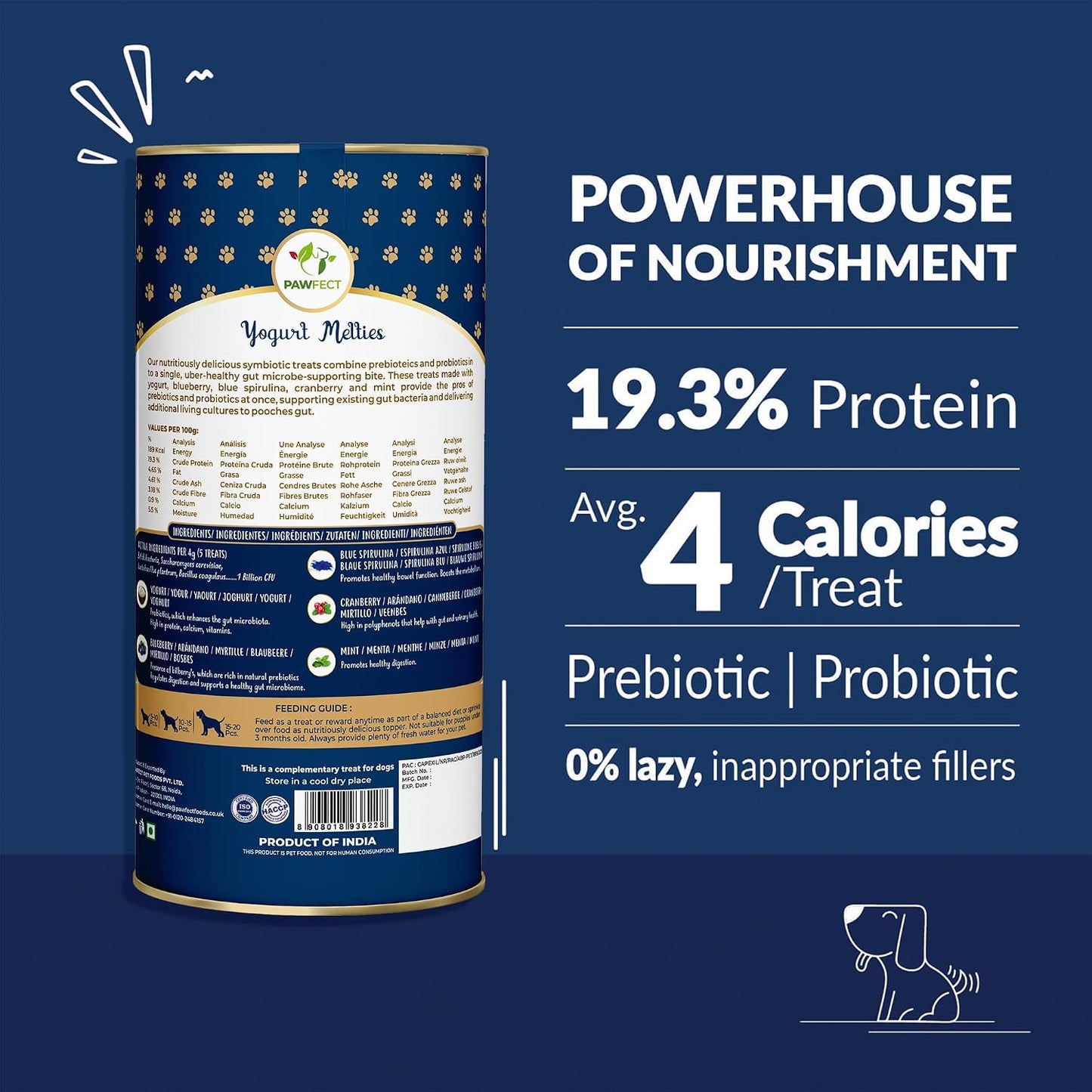 Pawfect Yogurt Melties Freeze Dried Pre and Probiotic Dog Treats with Blueberry, Cranberry, Blue Spirulina & Mint - Healthy Gut - Low Calories - Grain & Gluten Free - Training Treats (38g/1.34oz)