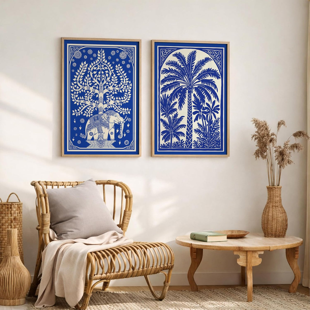 Blue White Elephant Tree of Life Wall Art Painting | Set of 2 Framed Paintings | Indian Folk Art Decor for Living Room Bedroom Home Office | (ART 10, 13x19 INCHES)