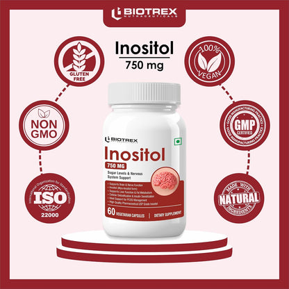 Biotrex Nutraceuticals Myo Inositol 750mg, Pcos, Brain & Nerve Health, 99% High Purity Grade Inositol, Fat Metabolism - 60 Vegetarian Capsules