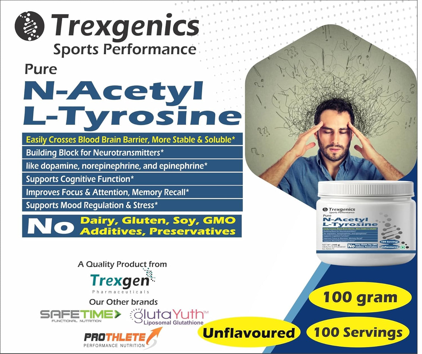 Trexgenics N-ACETYL L-TYROSINE PURE POWDER Crosses Blood Brain Barrier Neurotransmitter production, Cognitive Function, Focus, Attention, Memory, Stress Support (100 grams)