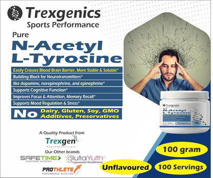 Trexgenics N-ACETYL L-TYROSINE PURE POWDER Crosses Blood Brain Barrier Neurotransmitter production, Cognitive Function, Focus, Attention, Memory, Stress Support (100 grams)