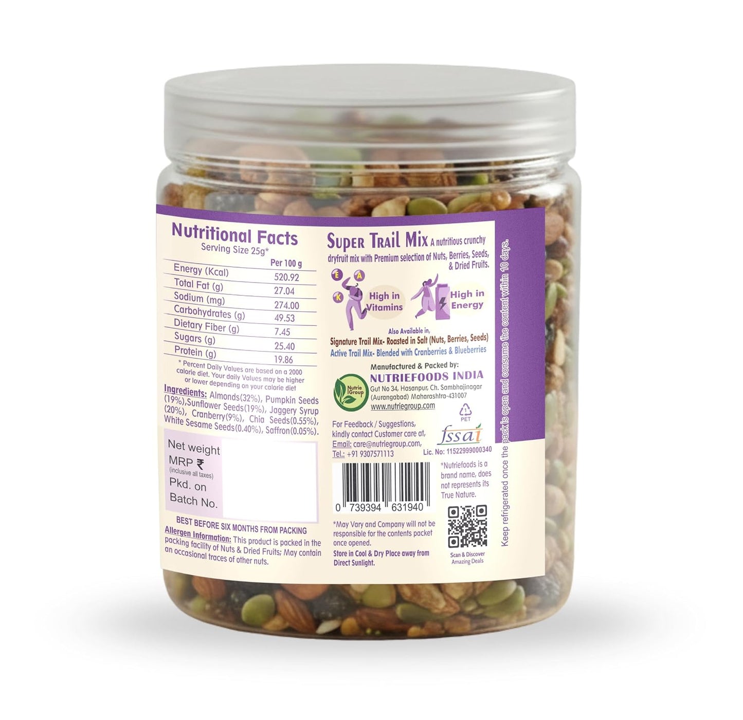 Nutriefoods Super Trail Mix (Mixed Dry Fruits), Roasted in Jaggery and Saffron with Blend of Berries, Dried Fruits, Seeds and Nuts (250gm)