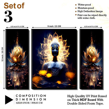 Glowing Buddha with Lotus Wall Art – 3-Panel UV-Printed Enlightenment Triptych | Ready-to-Hang Spiritual Meditation Décor (20 Inch x 12 Inch) JM-35305