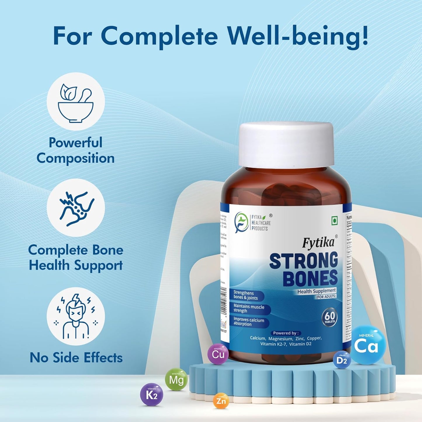 Fytika Strong Bones supplement bottle with product details on a blue background