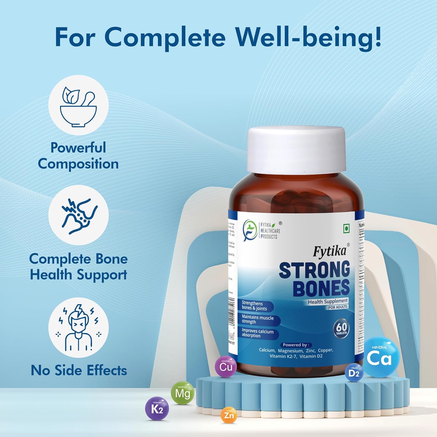 Fytika Strong Bones supplement bottle with product details on a blue background