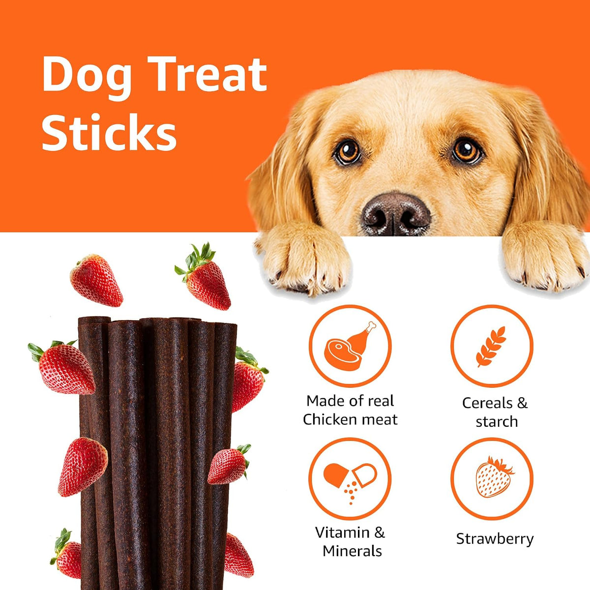 Amazon Basics Dog Treat Sticks 140 gm, Chewy Meat Sticks for Adult Dogs and Puppies, High Protein Dog Treats for Training and Snacks, Made of Real Chicken Meat, Ziplock Pack, Strawberry Flavor