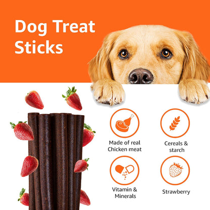 Amazon Basics Dog Treat Sticks 140 gm, Chewy Meat Sticks for Adult Dogs and Puppies, High Protein Dog Treats for Training and Snacks, Made of Real Chicken Meat, Ziplock Pack, Strawberry Flavor