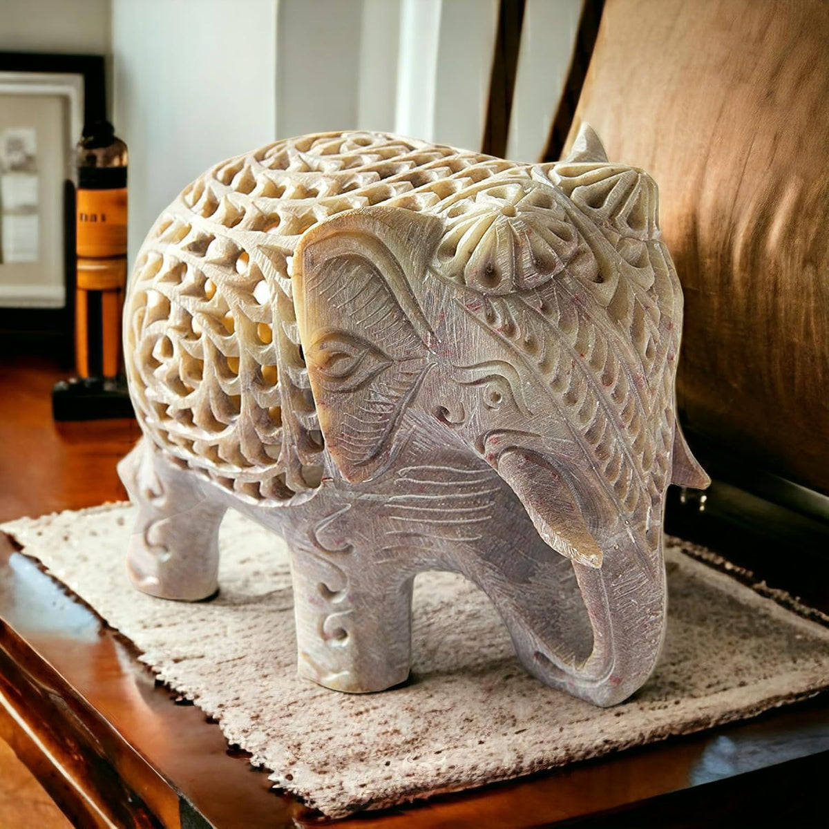 Shopstone Elephant Figurines Handmade in Jali Or Openwork from A Single Block of Stone from India, White, 3 inch